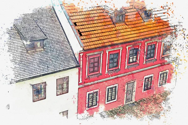 A watercolor sketch or an illustration of the traditional architecture in Cesky Krumlov in the Czech Republic — Stock Photo, Image