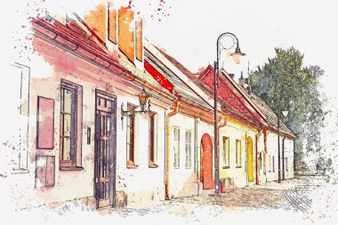 Watercolor sketch or illustration. The architecture of ancient houses in the Czech Republic. clipart