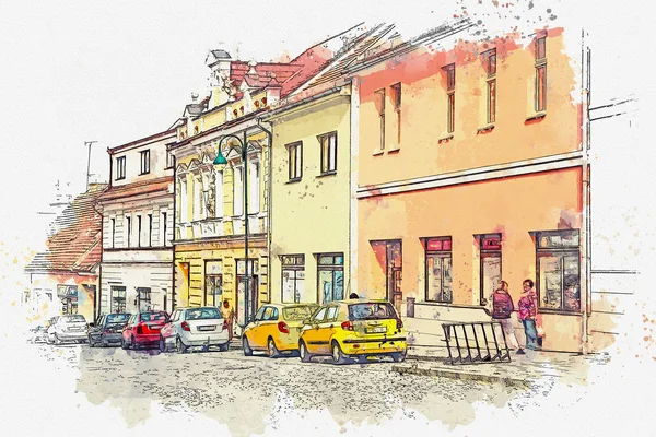 水彩素描或插图。捷克共和国古民居建筑. — 图库照片
