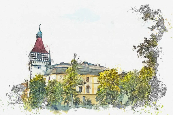 Aquarellskizze oder Illustration. schöne Burg Blatna in der Tschechischen Republik — Stockfoto