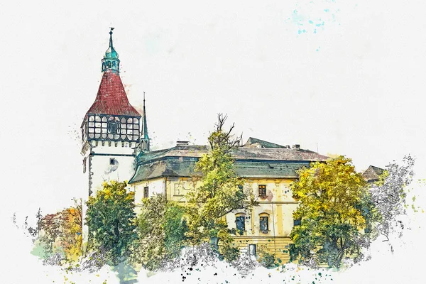 Akvarell Vázlat vagy ábra. Gyönyörű vár Blatna, Cseh Köztársaság — Stock Fotó