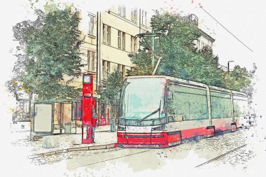 Prag'da bir cadde boyunca hareketli bir tramvay çizimi