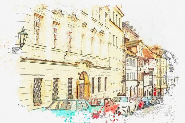 Ilustracja. Ulica z tradycyjnych domów i dróg z zaparkowanych samochodów w Praga. — Zdjęcie stockowe