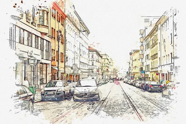 Illustratie. Straat met traditionele huizen en een weg met geparkeerde auto's in Praag. — Stockfoto