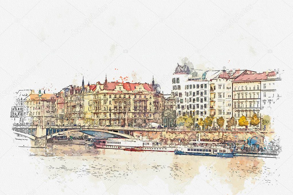 illustration. Traditional ancient architecture in Prague.