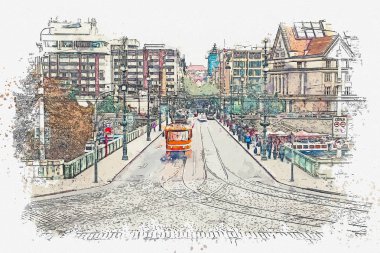 Prag'da bir geleneksel eski tramvay çizimi.