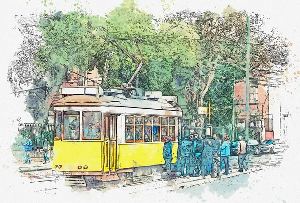 Lizbon geleneksel eski tramvay çizimi. — Stok fotoğraf