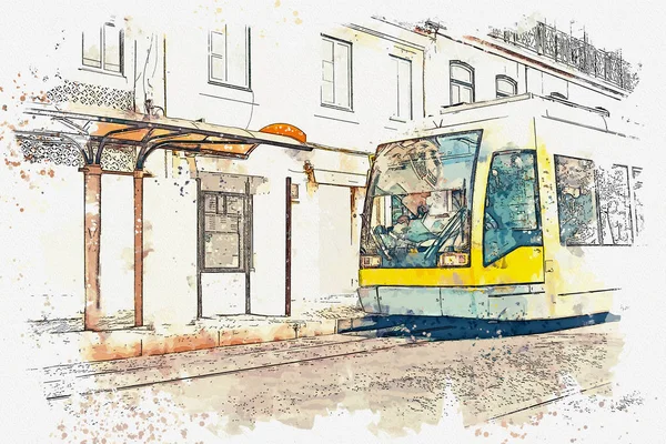 Lizbon geleneksel bir tramvay çizimi. — Stok fotoğraf