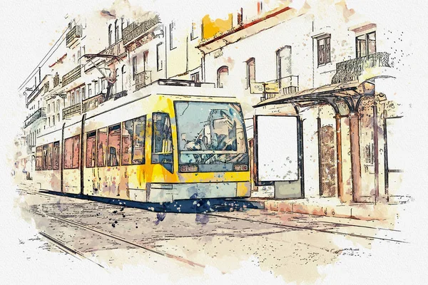 Ábra egy hagyományos villamos Lisszabonban. — Stock Fotó