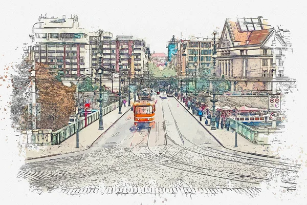 Illustration of a traditional old tram in Prague. — Stock Photo, Image