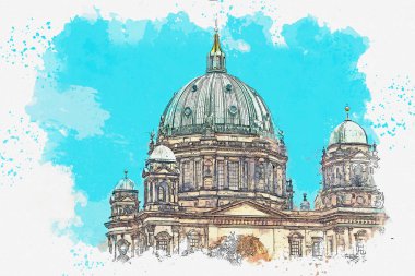 Berliner Dom Berlin, Almanya denilen bir suluboya kroki ya da Berlin Cathedral çizimi.