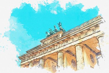 Bir suluboya kroki veya çizimi Brandenburg Kapısı, Berlin, Almanya.