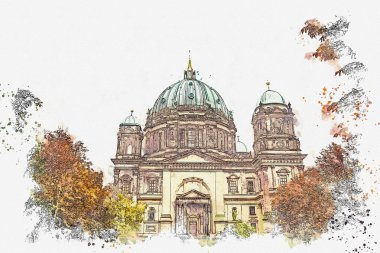 Berliner Dom Berlin, Almanya denilen bir suluboya kroki ya da Berlin Cathedral çizimi.