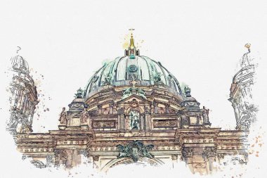 Berliner Dom Berlin, Almanya denilen bir suluboya kroki ya da Berlin Cathedral çizimi.