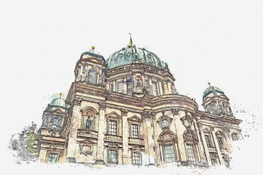 Berliner Dom Berlin, Almanya denilen bir suluboya kroki ya da Berlin Cathedral çizimi.