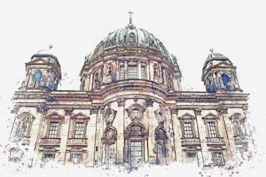 Berliner Dom Berlin, Almanya denilen bir suluboya kroki ya da Berlin Cathedral çizimi.