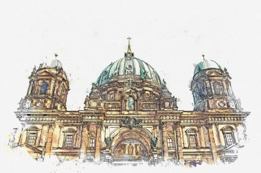 Berliner Dom Berlin, Almanya denilen bir suluboya kroki ya da Berlin Cathedral çizimi.