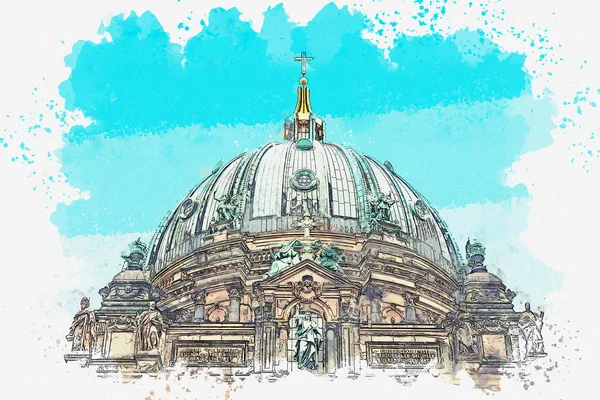 Szkic akwarela czy ilustracja katedra Berlińska o nazwie Berliner Dom. Berlin, Niemcy. — Zdjęcie stockowe
