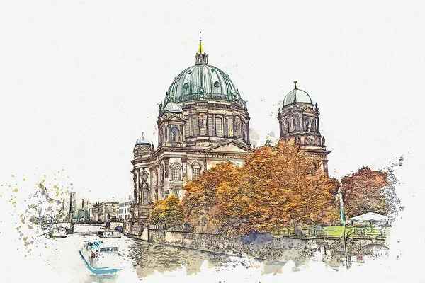 Berliner Dom Berlin, Almanya denilen bir suluboya kroki ya da Berlin Cathedral çizimi. — Stok fotoğraf