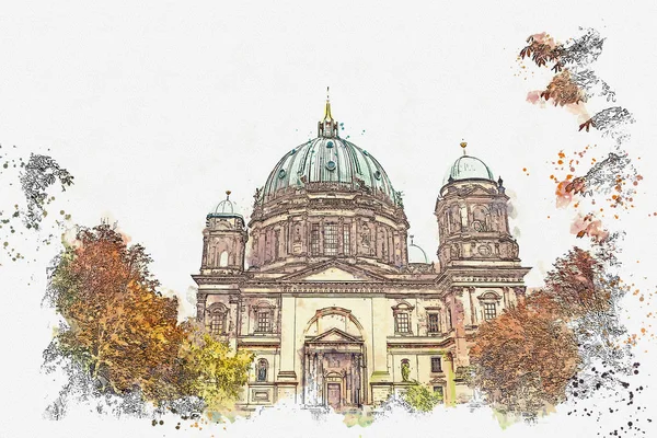 Szkic akwarela czy ilustracja katedra Berlińska o nazwie Berliner Dom. Berlin, Niemcy. — Zdjęcie stockowe