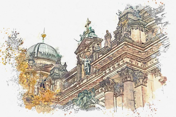 Un boceto en acuarela o ilustración de la Catedral de Berlín llamada Berliner Dom. Berlín, Alemania . —  Fotos de Stock
