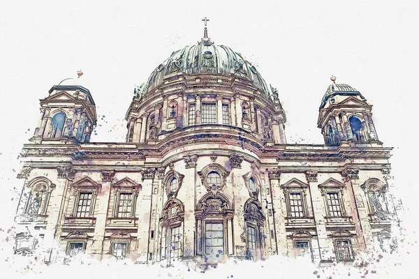 Un boceto en acuarela o ilustración de la Catedral de Berlín llamada Berliner Dom. Berlín, Alemania . — Foto de Stock