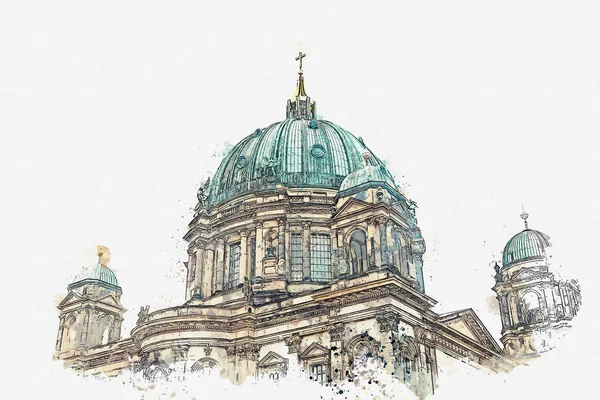 呼ばれるベルリン ドイツ ベルリン ドムと水彩スケッチやベルリン大聖堂のイラスト. — ストック写真