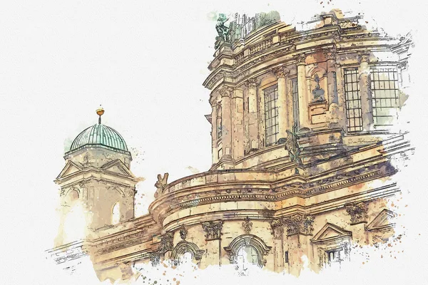 Szkic Akwarela Czy Ilustracja Katedra Berlińska Nazwie Berliner Dom Berlin — Zdjęcie stockowe