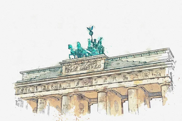 德国柏林勃兰登堡门的水彩素描或插图. — 图库照片