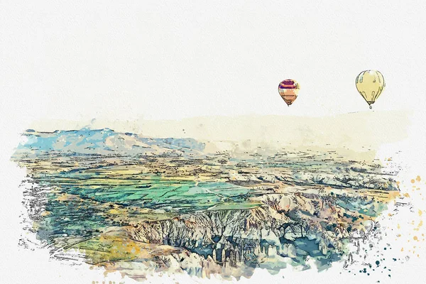Een aquarel schets of illustratie. De beroemde toeristische attractie van Cappadocië is een air-vlucht. Turkije. — Stockfoto
