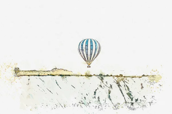 Um esboço aquarela ou ilustração. Balão de ar quente no céu em Kapadokia, na Turquia . — Fotografia de Stock