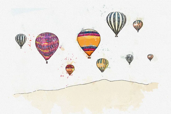 Sketsa cat air atau ilustrasi. Daya tarik wisata yang terkenal dari Kapadokia adalah penerbangan udara. Turki . — Stok Foto