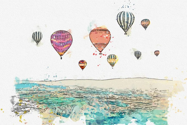 Un boceto de acuarela o ilustración. La famosa atracción turística de Capadocia es un vuelo aéreo. Turquía . —  Fotos de Stock