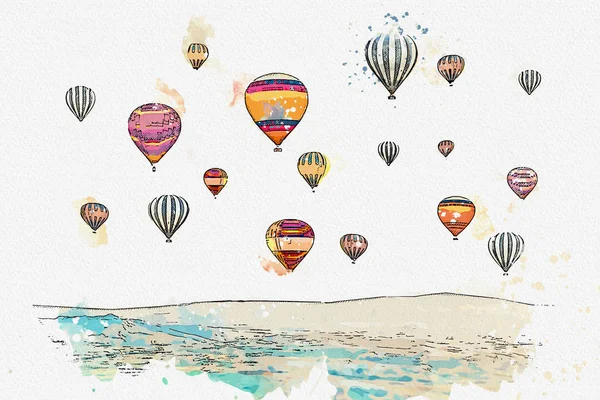 Um esboço aquarela ou ilustração. A famosa atração turística da Capadócia é um voo aéreo. Turquia . — Fotografia de Stock