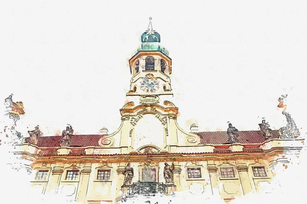 Um esboço aquarela ou ilustração da igreja católica da Natividade do Senhor. Praga Loreta — Fotografia de Stock