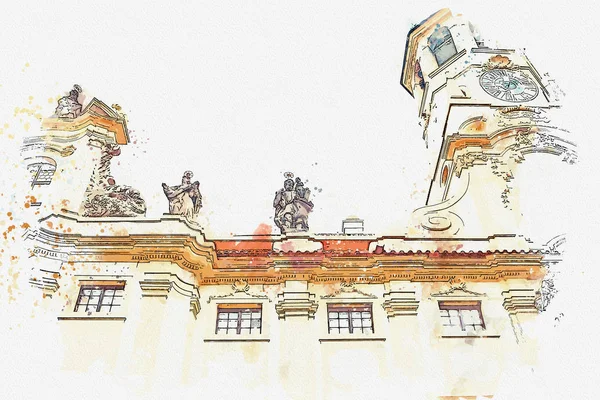 Szkic akwarela czy ilustracja Kościół Narodzenia Pana. Loreta w Pradze — Zdjęcie stockowe