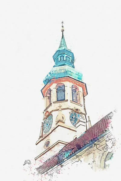 Un boceto de acuarela o ilustración de la iglesia católica de la Natividad del Señor. Praga Loreta —  Fotos de Stock