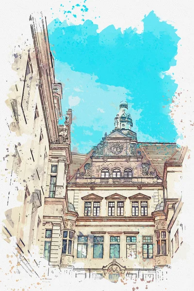 Szkic akwarela czy ilustracja. Częścią kompleksu architektonicznego starożytnych nazywane Pałacu Królewskiego. Dresden, Niemcy. — Zdjęcie stockowe