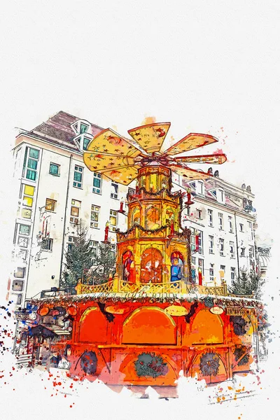 Een aquarel schets of illustratie. Kerstmarkt. Dresden, Duitsland — Stockfoto