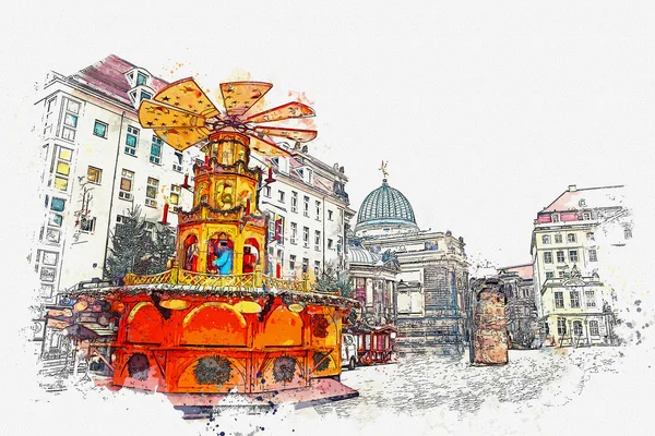 Акварель ескізу або ілюстрація. Різдвяний ринок. Дрезден, Німеччина — стокове фото