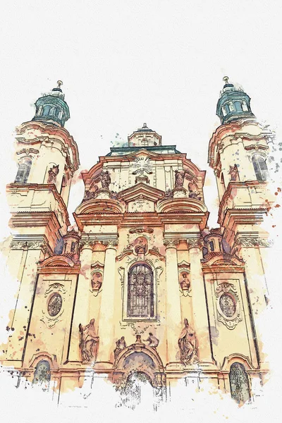Eine aquarellierte Skizze oder Illustration der katholischen Kirche der Geburt des Herrn. Prager Loreta — Stockfoto