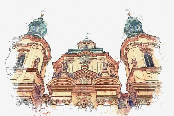 Um esboço aquarela ou ilustração da igreja católica da Natividade do Senhor. Praga Loreta — Fotografia de Stock
