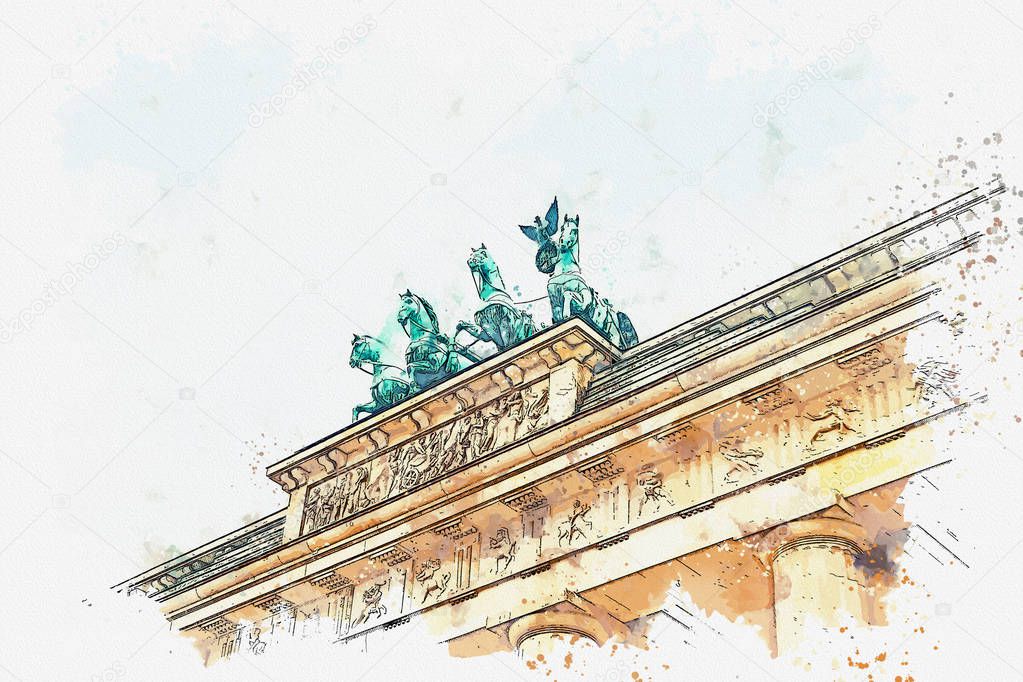 A watercolor sketch or illustration of the Brandenburg gate in Berlin, Germany.