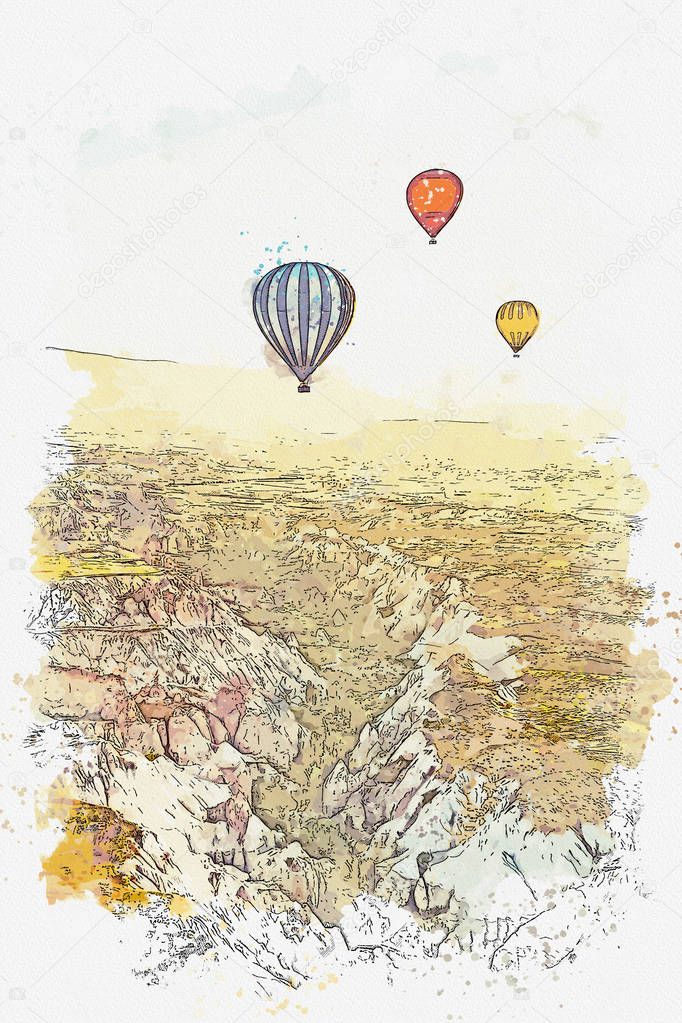 A watercolor sketch or illustration. The famous tourist attraction of Cappadocia is an air flight. Turkey.
