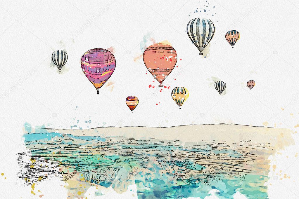 A watercolor sketch or illustration. The famous tourist attraction of Cappadocia is an air flight. Turkey.