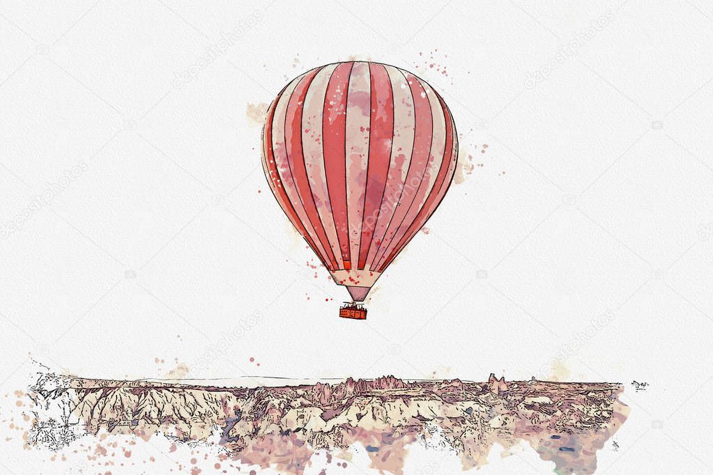 A watercolor sketch or illustration. Hot air balloon in the sky in Kapadokia in Turkey. The famous tourist attraction of Cappadocia is an air flight.