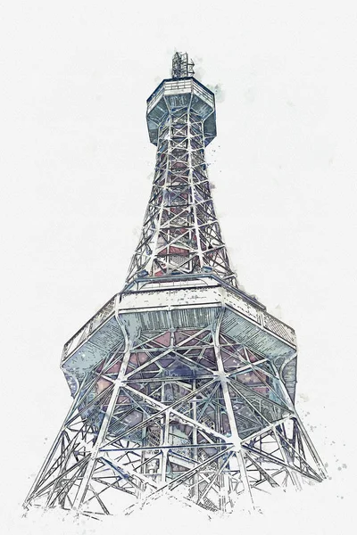 Egy akvarell Vázlat vagy ábra a torony, Petrin hegy Prágában — Stock Fotó