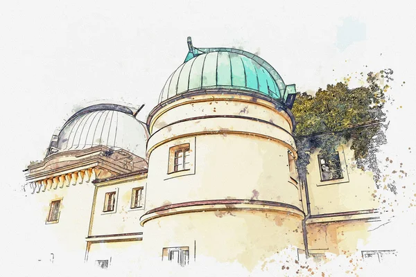 Eine aquarellierte Skizze oder Illustration. Observatorium auf dem Petrishin-Hügel in Prag. — Stockfoto