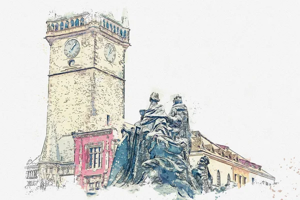 A watercolor sketch or illustration. Monument to Jan Hus in the Old Town Square in Prague — Stock Photo, Image