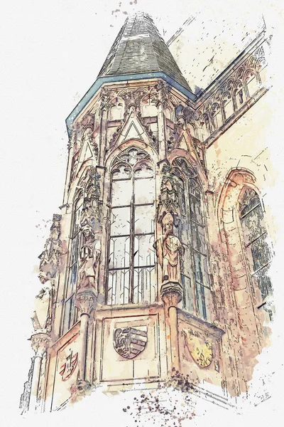 Eine aquarellierte Skizze oder Illustration. Teil der Außenseite des schönen alten Tempels auf dem Hauptplatz in Prag — Stockfoto